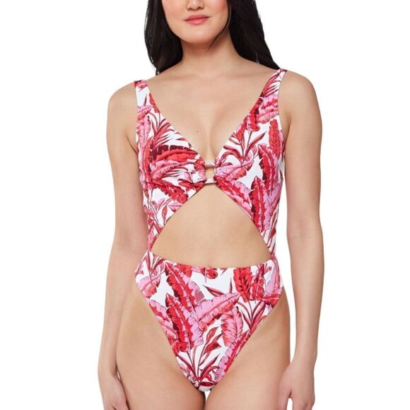Jessica Simpson Printed Paradiso Palm O-Ring Cut-Out One-Piece Swimsuit size M - Picture 1 of 7